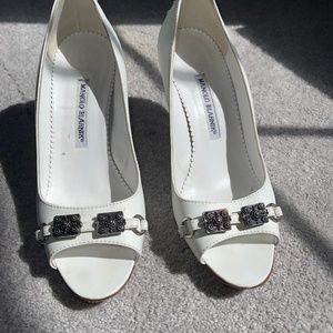 Y2K MANOLO BLAHNIK Worn Once White Peep Toe Heel size 38